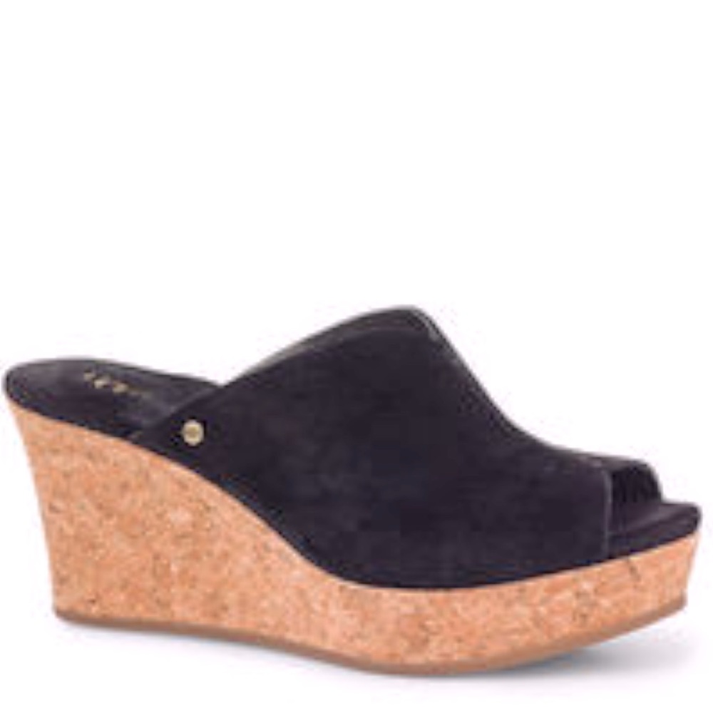 UGG Sandal Womens Size 9.5 Black Suede Platform Wedge Cork Peep Toe Boho